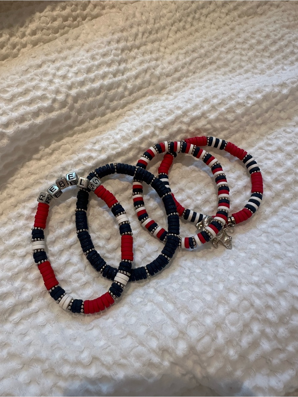 Handmade Red Navy White Beaded Bracelet Set